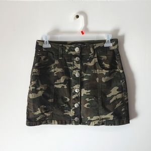 Almost Famous High Rise Camouflage Denim Mini Skirt With Button Down Front